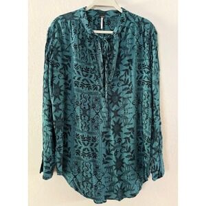 Free People Long Sleeve Top Teal‎ Black Print Boho Casual Blouse Women's Small